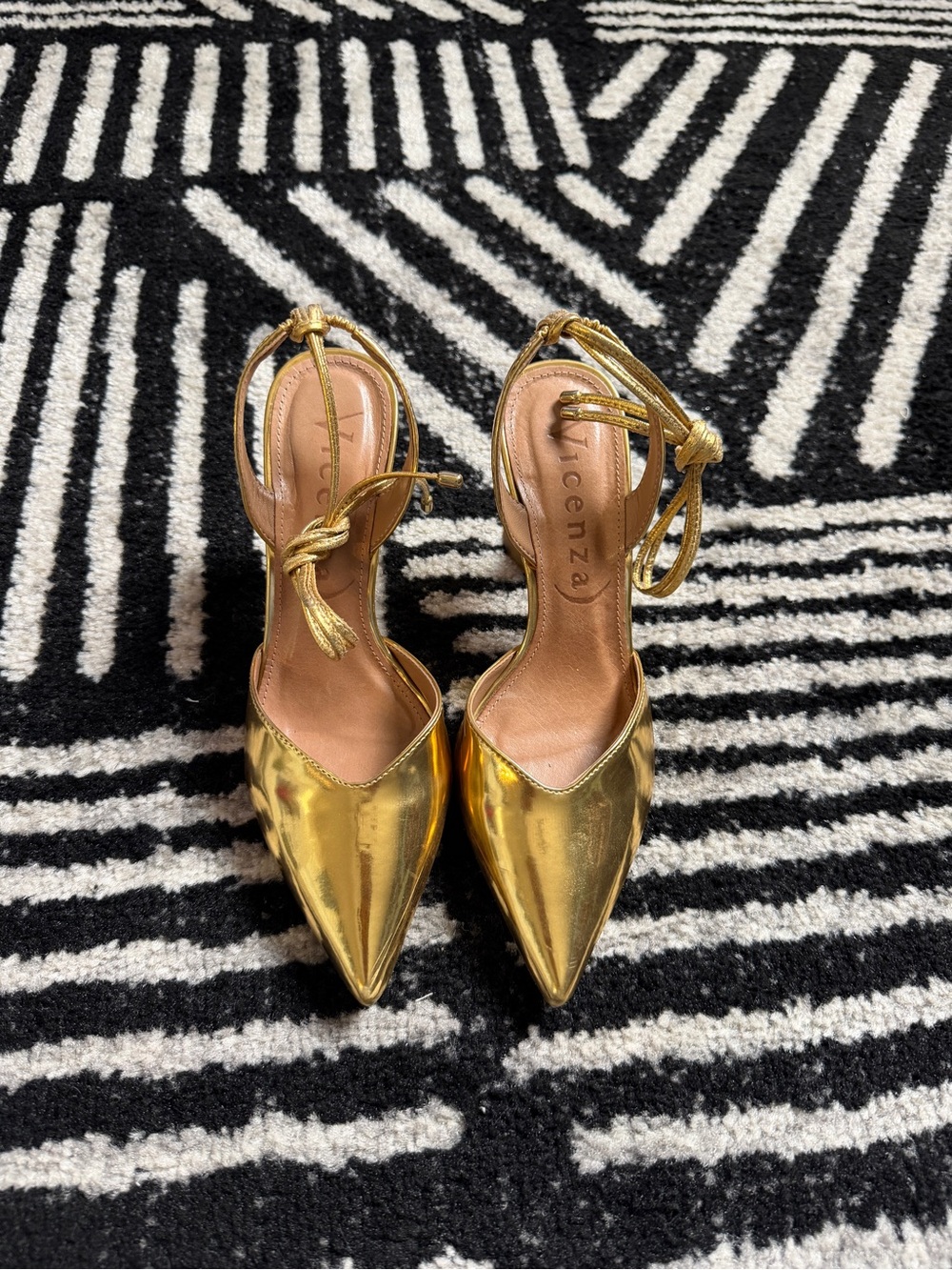 Anthropologie Metallic Gold Pointed-Toe Ankle-Tie Heels - Picture 3 of 7